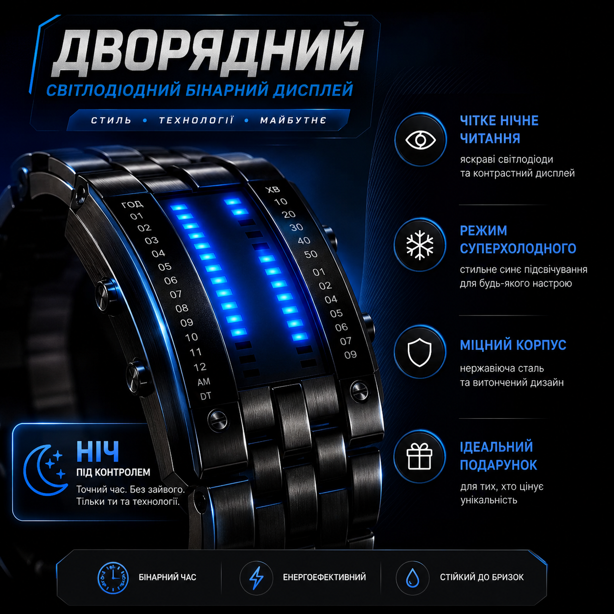 Кіберпанк-годинник із бінарним світлодіодним дисплеєм